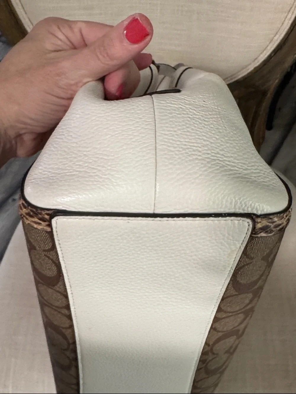 Coach Kristy Signature Canvas Shoulder Bag with White Panels & Snakeskin Trim